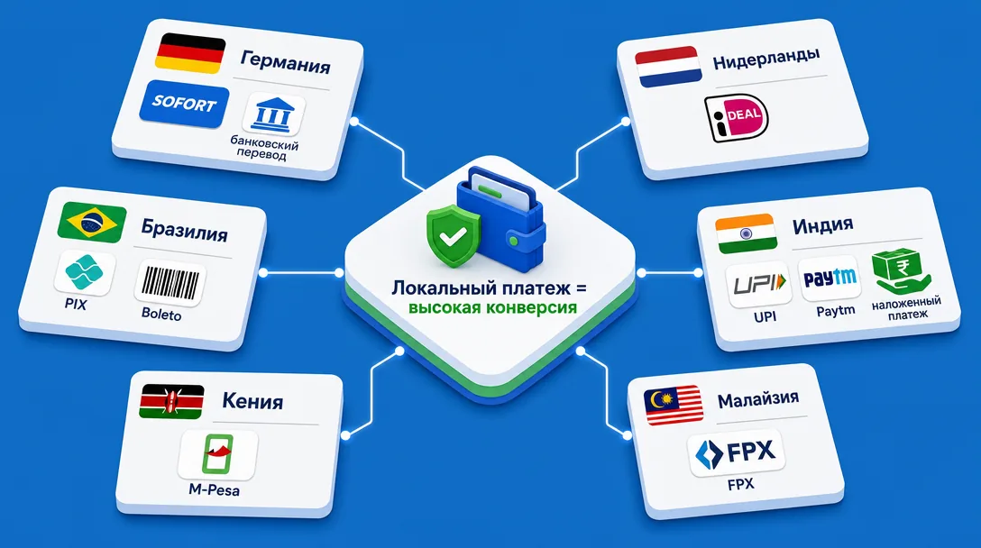Схема локальных платежных методов по странам в арбитраже трафика