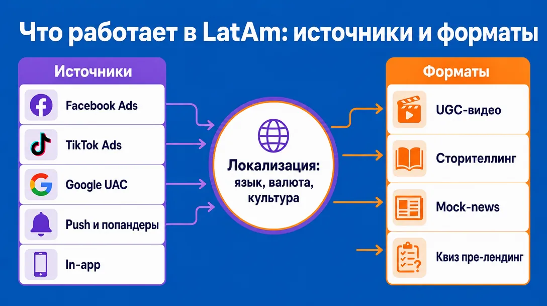 Схема рабочих источников трафика и форматов креативов для LatAm
