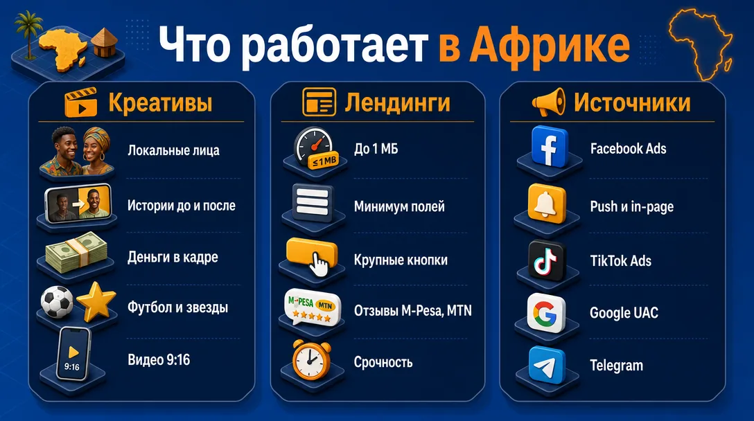 Схема рабочих креативов и форматов трафика для Африки