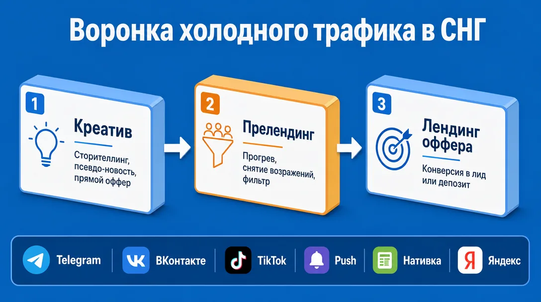 Схема воронки трафика креатив прелендинг лендинг для СНГ