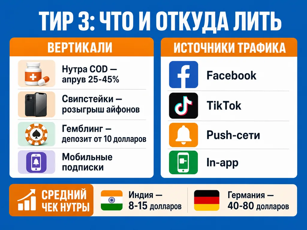 Инфографика вертикалей и источников трафика для Tier 3