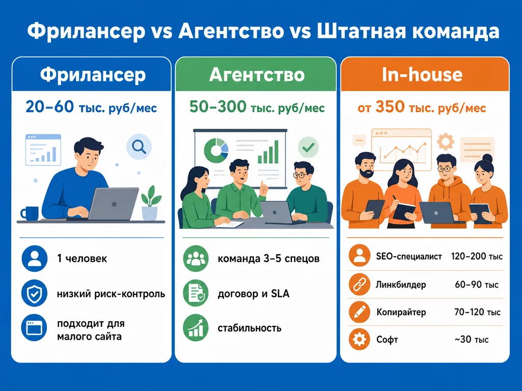 Сравнение стоимости фрилансера, агентства и штатной SEO-команды