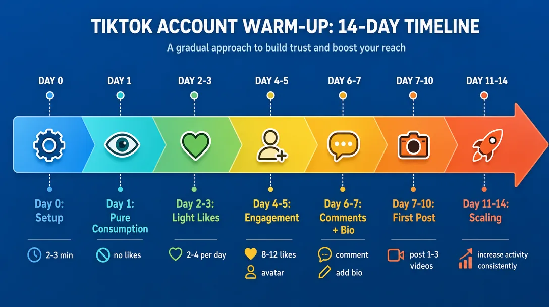 TikTok account warmup timeline scheme from day zero to day fourteen
