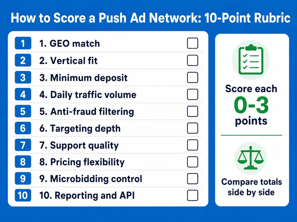 Ten-point checklist scoring rubric for selecting a push ad network