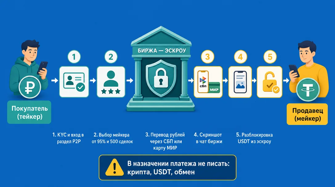 Схема P2P-сделки на бирже через СБП и эскроу