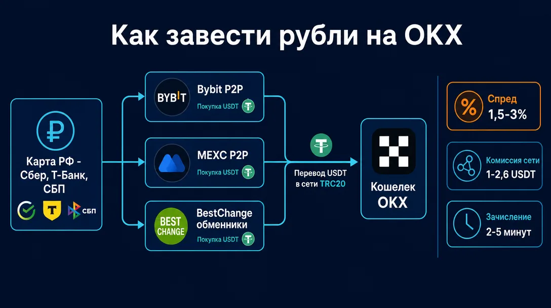 Схема пополнения OKX через Bybit MEXC и BestChange