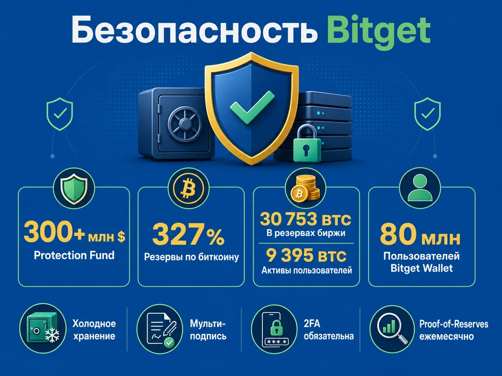 Инфографика безопасности и резервов Bitget