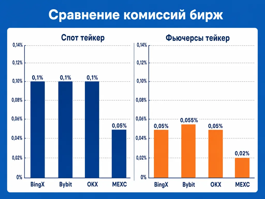 График сравнения комиссий BingX, Bybit, OKX и MEXC