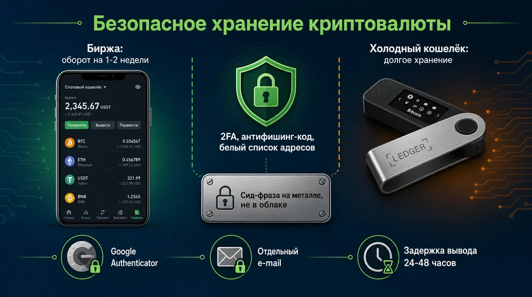 Схема безопасного хранения криптовалюты: биржа и холодный кошелек