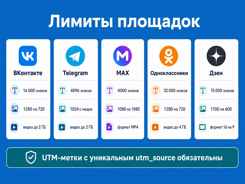 Лимиты текста и медиа для ВК, Telegram, MAX, ОК и Дзена
