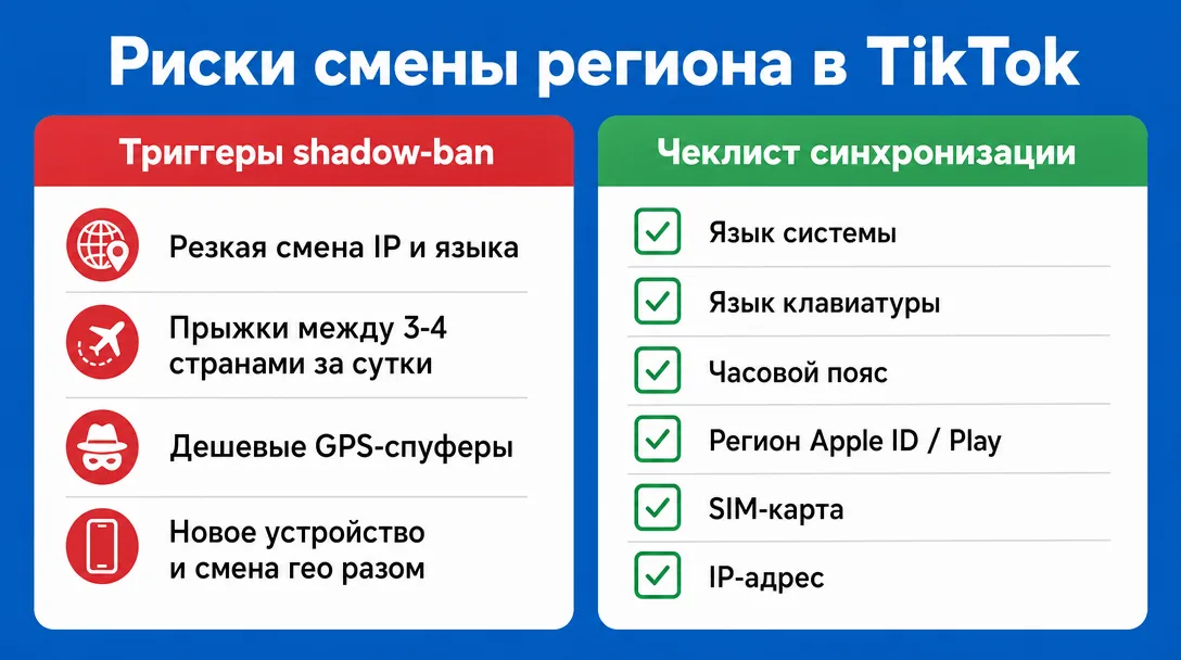 Инфографика рисков shadow-ban и чеклист синхронизации сигналов