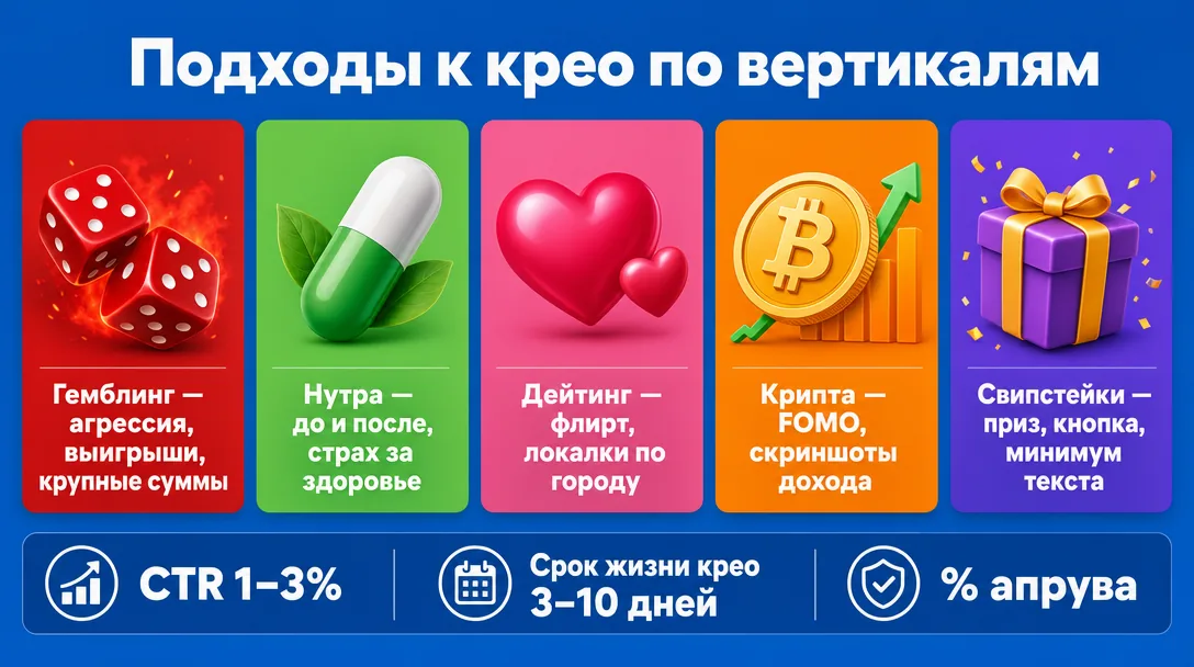 Инфографика подходов к креативам по вертикалям гемблинг нутра дейтинг крипта