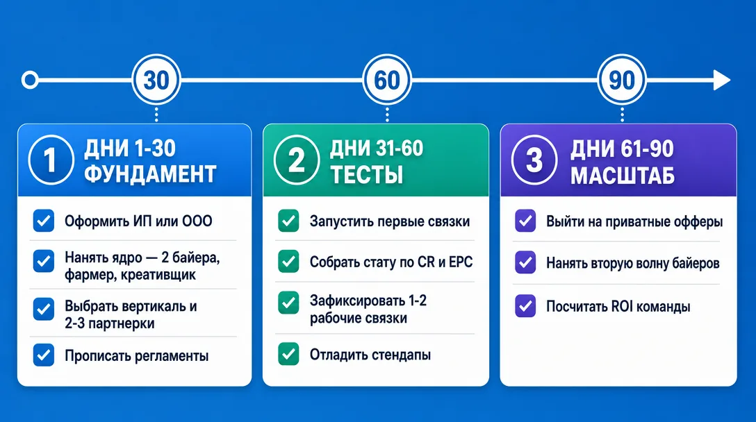 таймлайн первых 90 дней запуска арбитражной команды