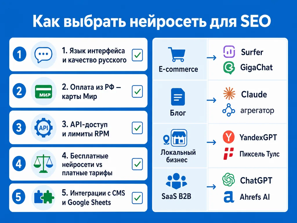 Чек-лист выбора нейросети для SEO по пяти параметрам