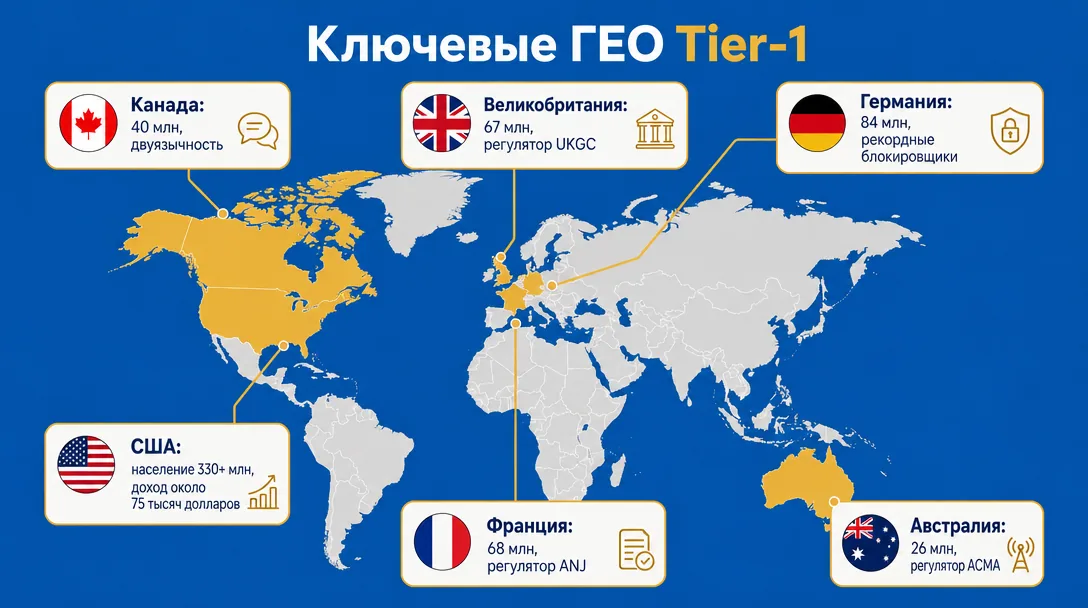 Карточка ключевых стран Tier-1 для арбитража трафика