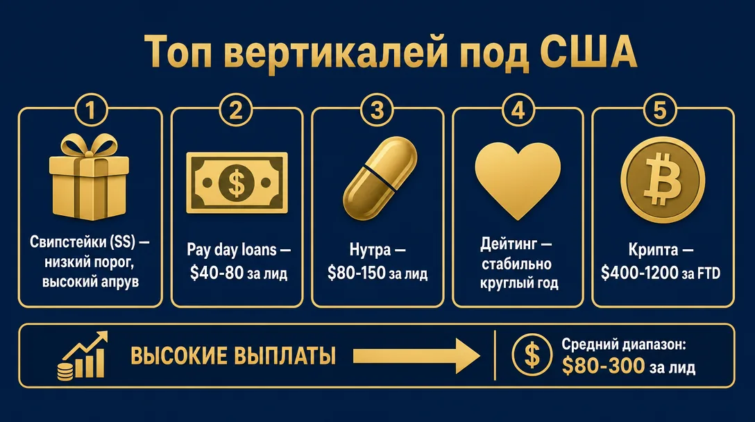 Топ вертикалей под США и выплаты по офферам