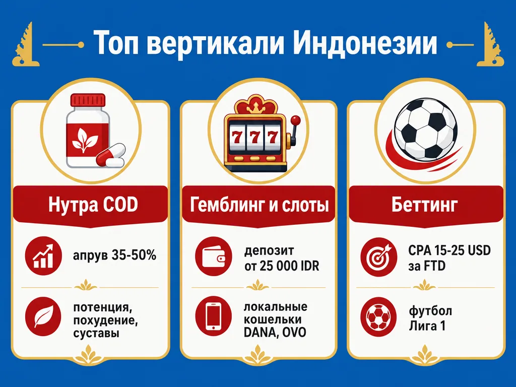Топ вертикали для залива на Индонезию: нутра, гемблинг, беттинг