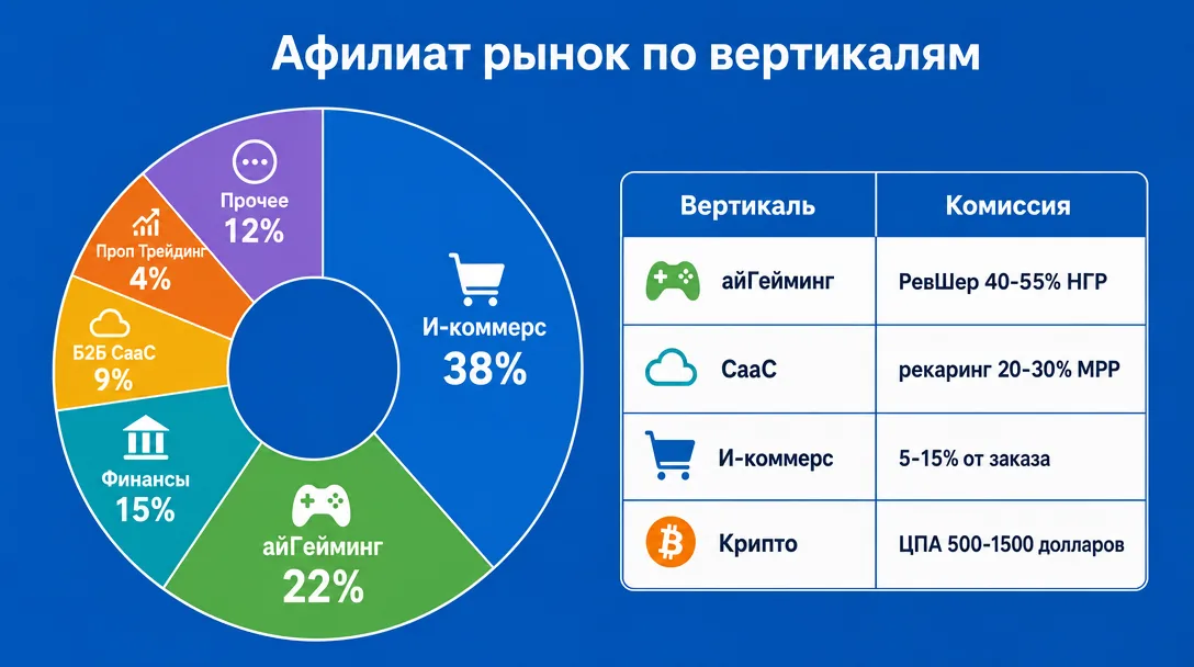 Сравнение вертикалей affiliate-маркетинга по долям и комиссиям