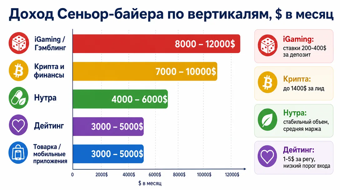 Сравнение доходов сеньор медиабайера по вертикалям арбитража