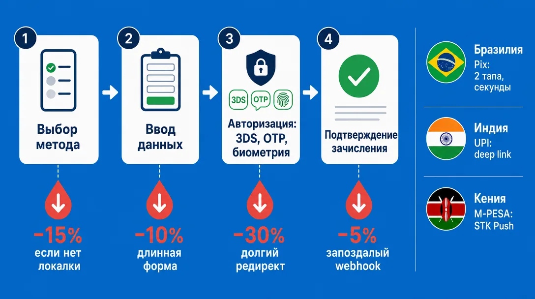 Схема платежного флоу из четырех шагов с примерами по ГЕО