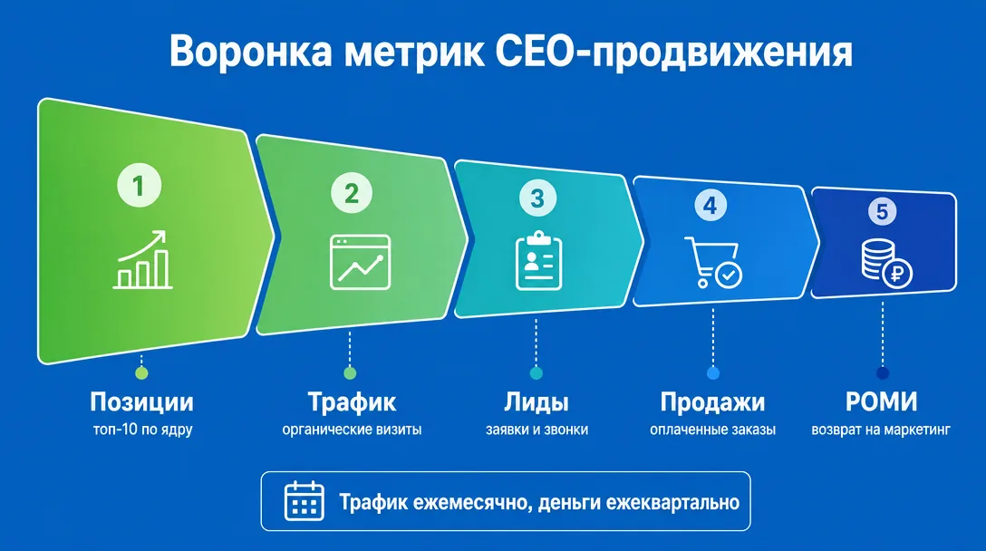 Воронка метрик продвижения от позиций до окупаемости