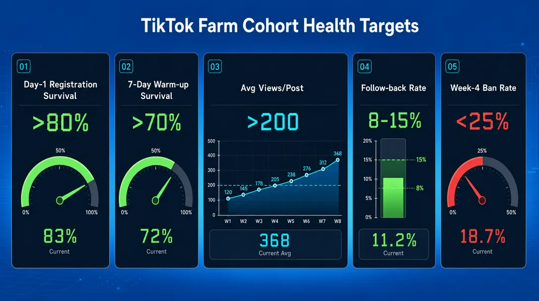 TikTok farm health KPI metrics dashboard with cohort survival targets