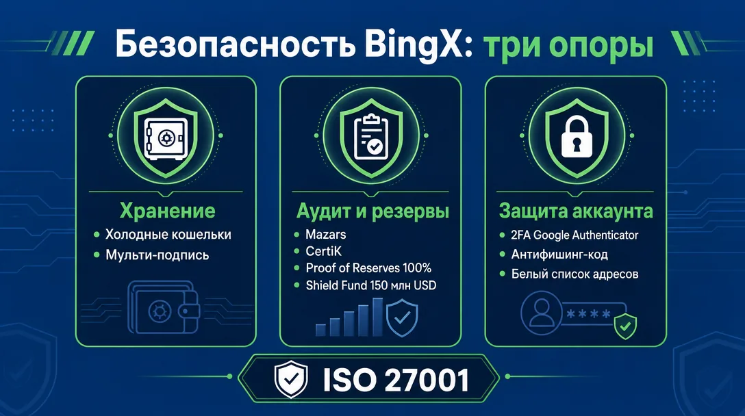 Инфографика безопасности BingX: холодные кошельки и аудиты