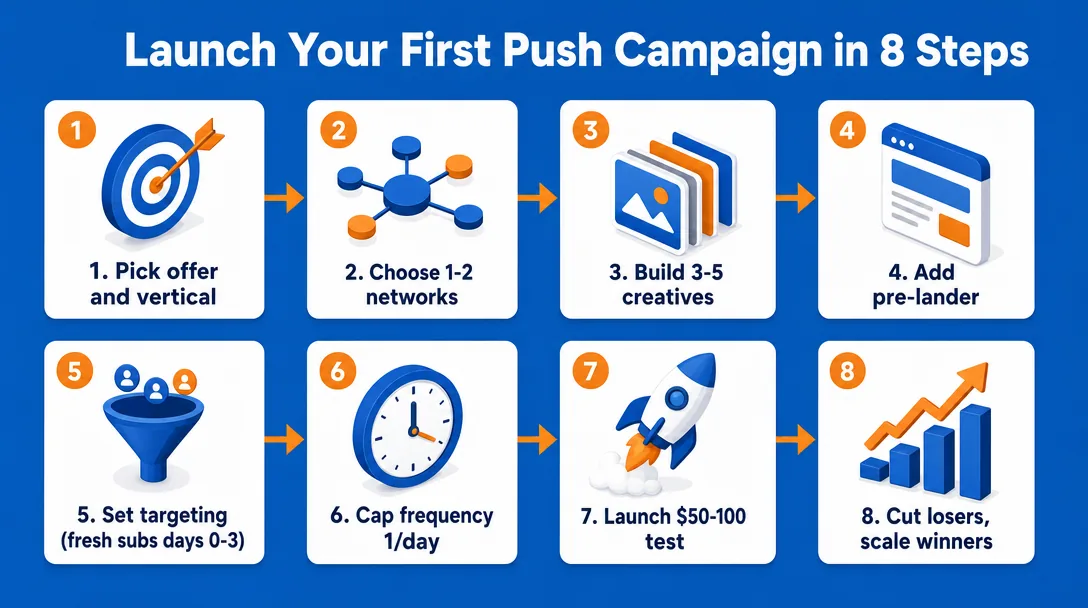 Eight-step workflow diagram for launching a first push advertising campaign