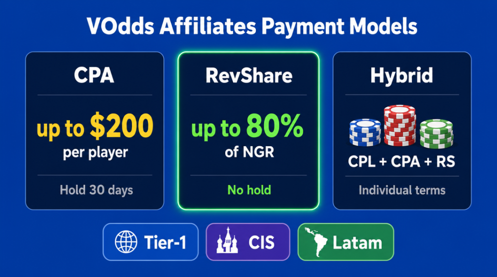 VOdds Affiliates payment models: CPA, RevShare and Hybrid rates and conditions