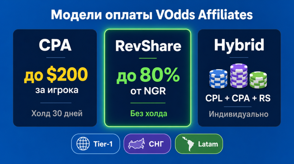 Модели оплаты VOdds Affiliates: CPA, RevShare и Hybrid — ставки и условия