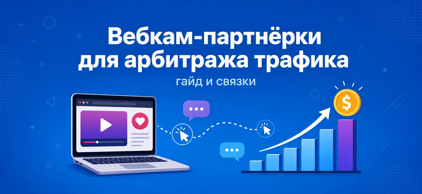 Обложка статьи о вебкам-партнёрках для арбитража трафика с иконками ноутбука и графика роста