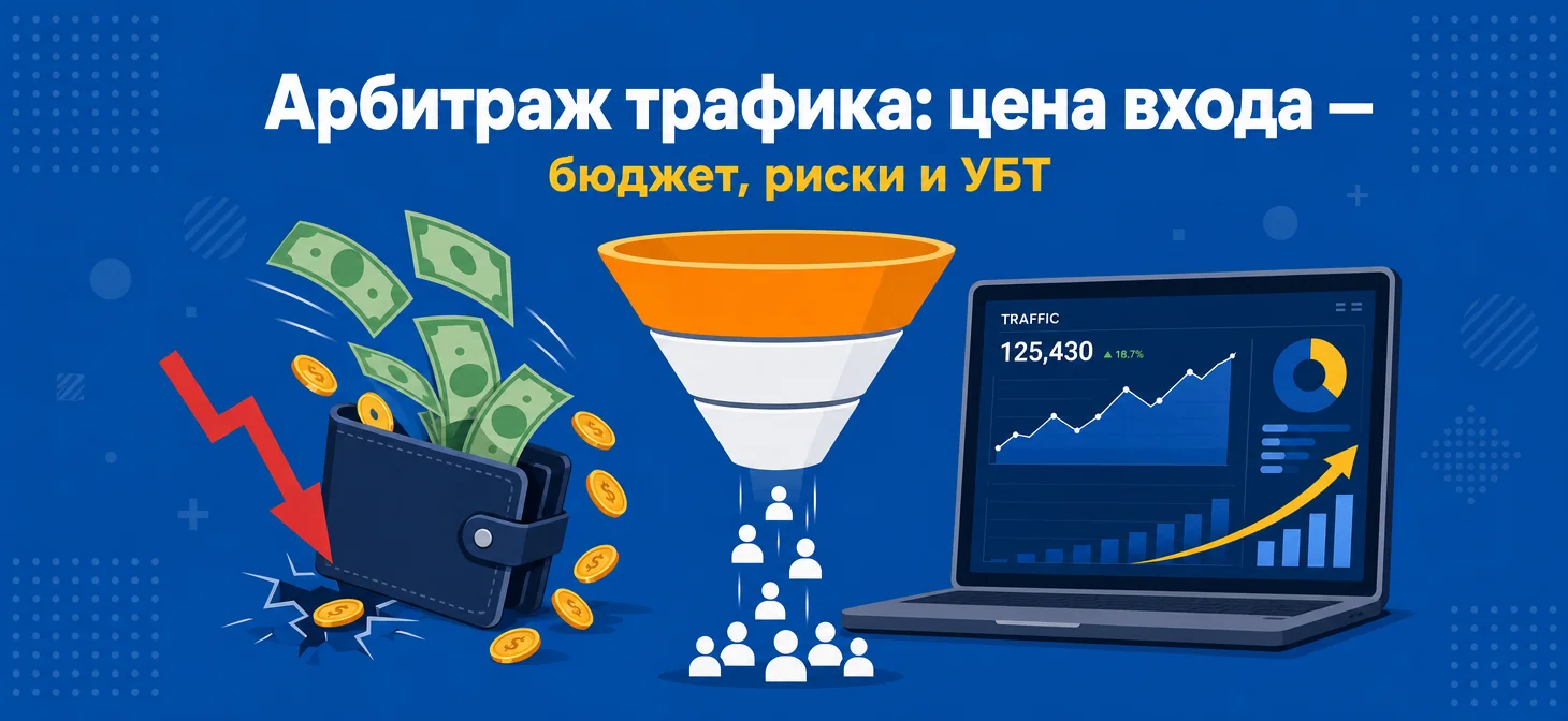 Иллюстрация: кошелек, ноутбук с графиком и воронка трафика на синем фоне