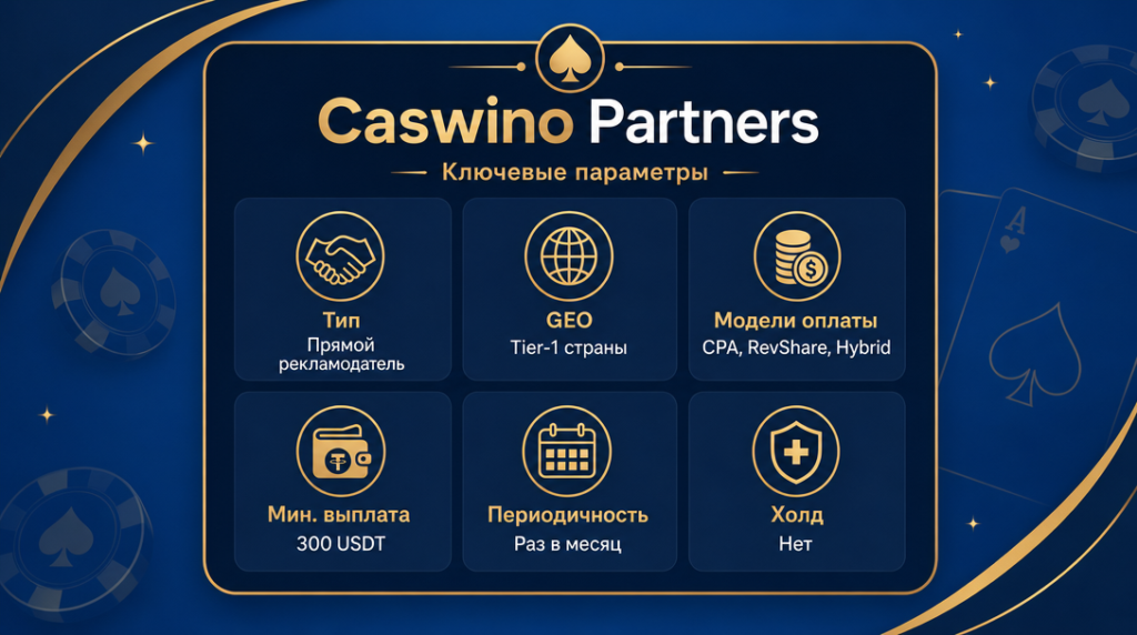 Инфографика ключевых параметров партнерской программы Caswino Partners