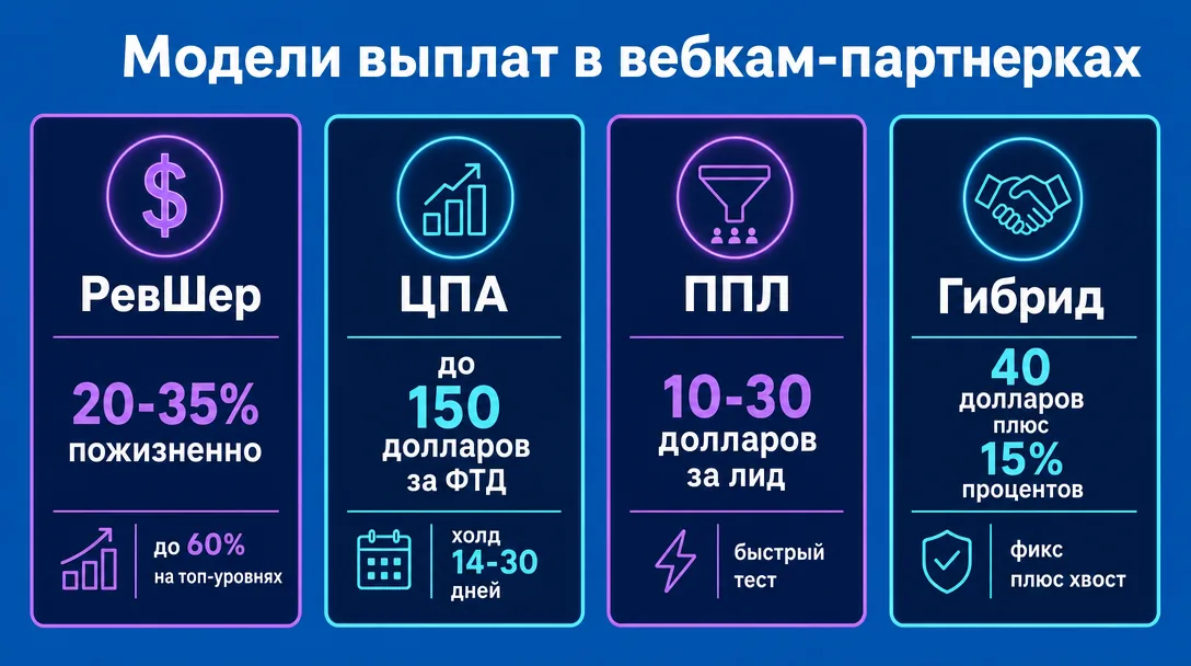 Инфографика моделей выплат вебкам-партнерок RevShare CPA PPL гибрид