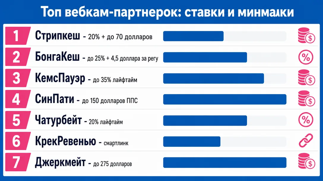 Сравнительная таблица топ вебкам-партнерок по ставкам и минималкам