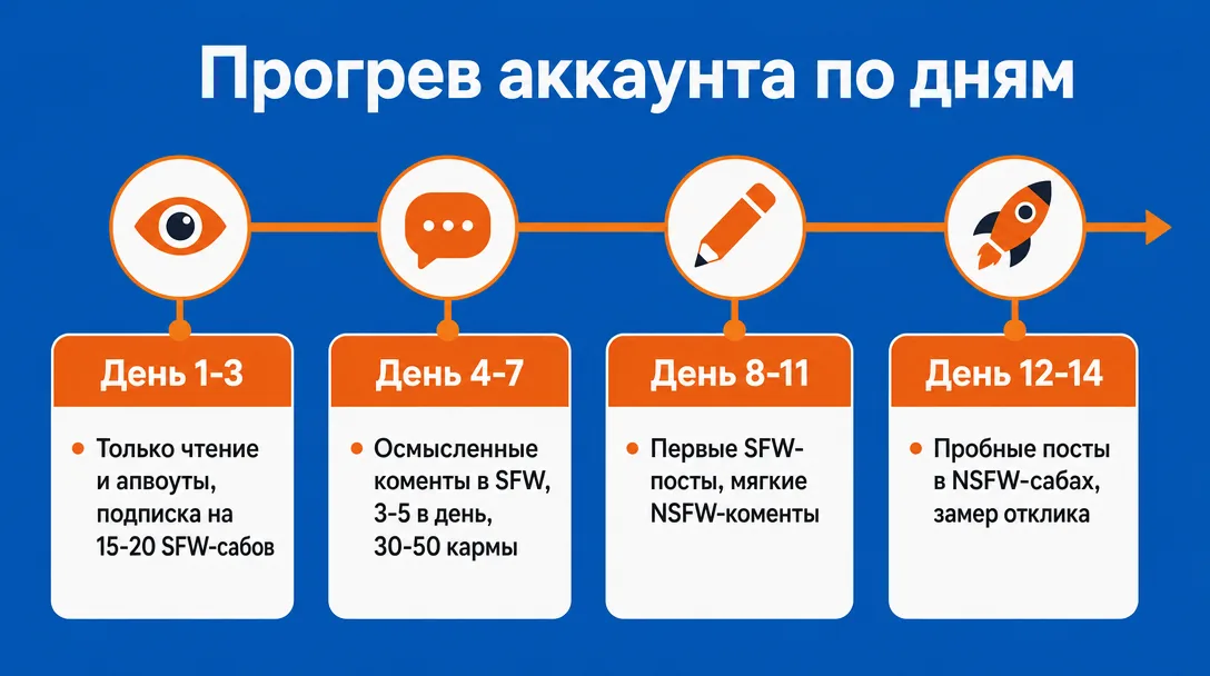 Схема прогрева аккаунта Reddit по дням для NSFW-заливов