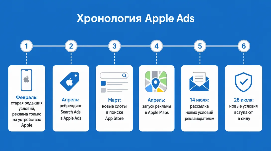 Таймлайн развития рекламного бизнеса Apple от Search Ads до открытия инвентаря
