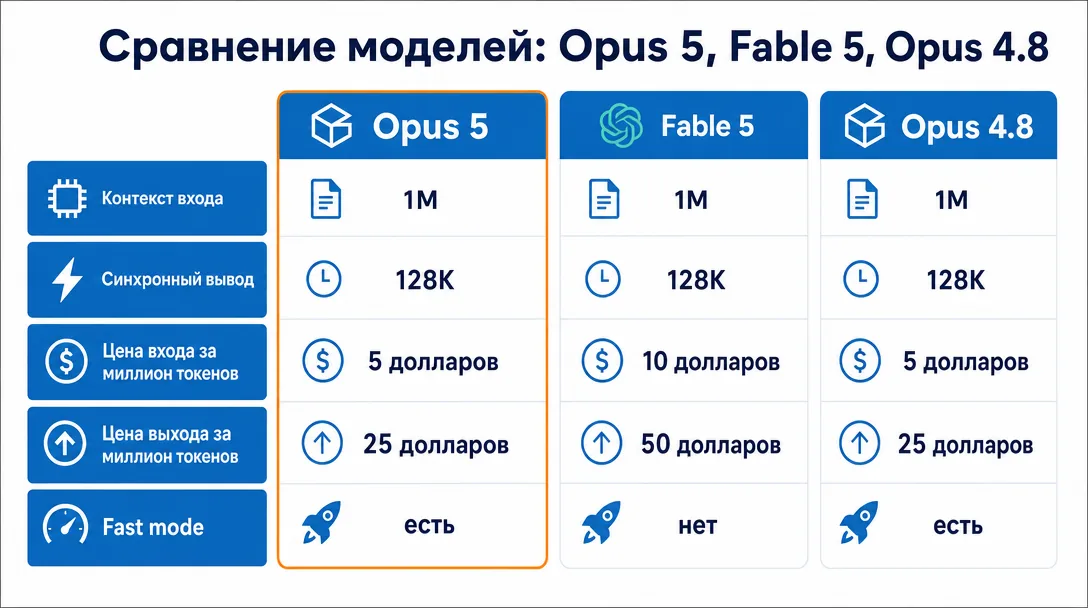 Сравнительная таблица цен и характеристик Opus 5, Fable 5, Opus 4.8