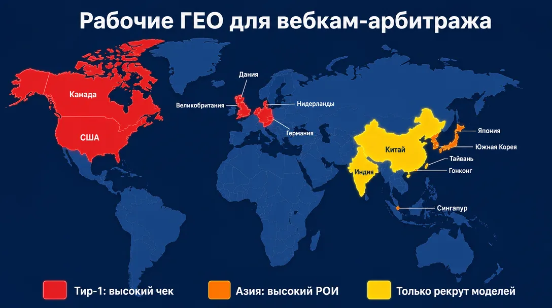 Карта топовых ГЕО для вебкам-арбитража Tier-1 и Азия