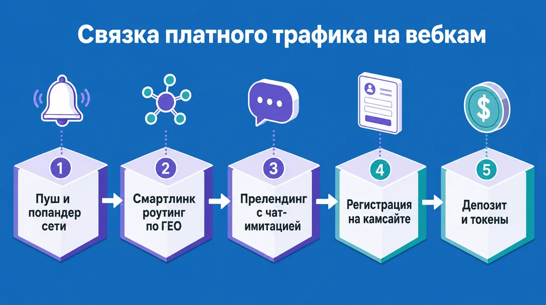 Схема воронки платного трафика в вебкам через push и попсы