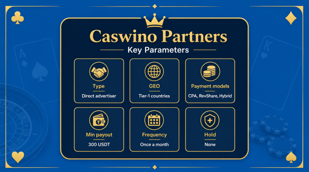 Infographic of Caswino Partners affiliate program key parameters