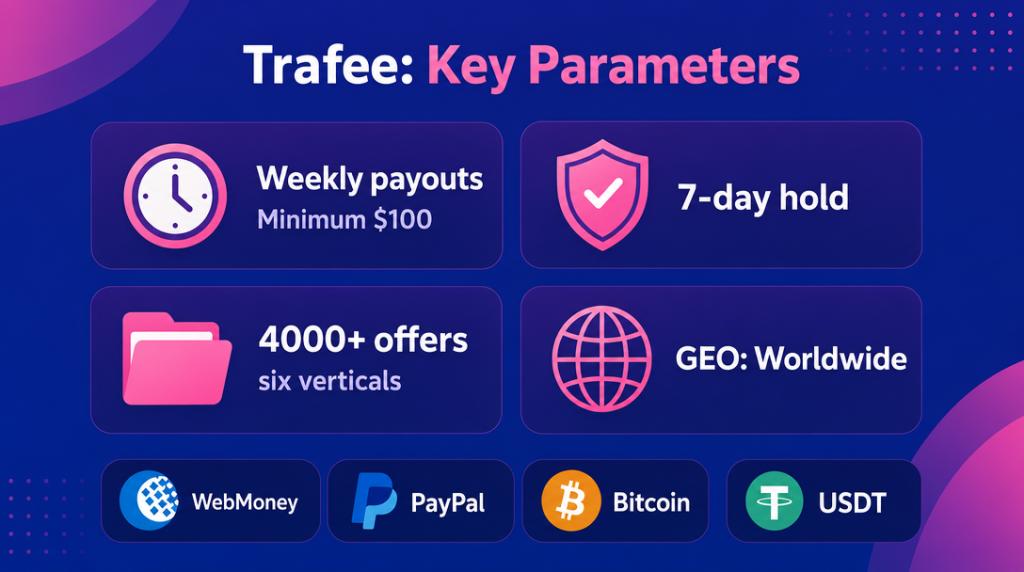 Infographic of Trafee affiliate network key parameters