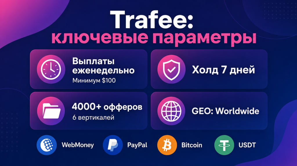 Инфографика ключевых параметров партнерки Trafee