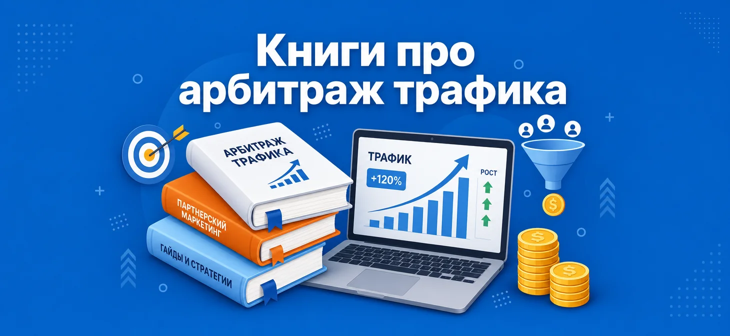 Обложка статьи про книги по арбитражу трафика со стопкой книг и ноутбуком