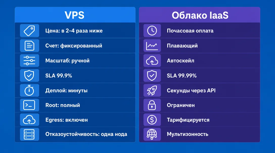 Сравнительная инфографика VPS против облака по восьми критериям