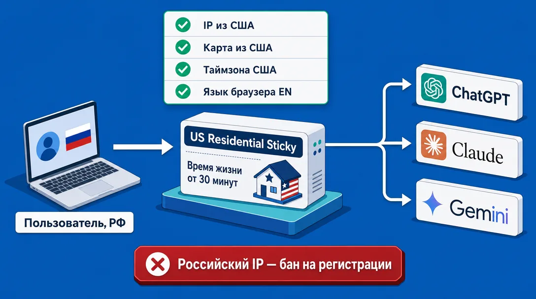 Схема запуска ChatGPT Claude Gemini из России через US residential