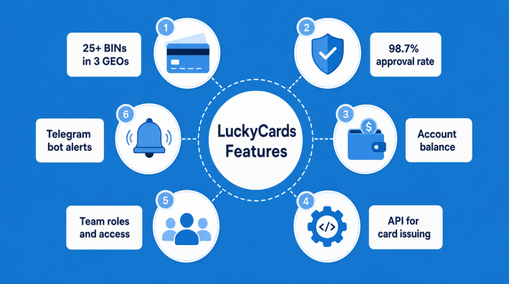 Infographic of LuckyCards features: BINs, approval rate, balance