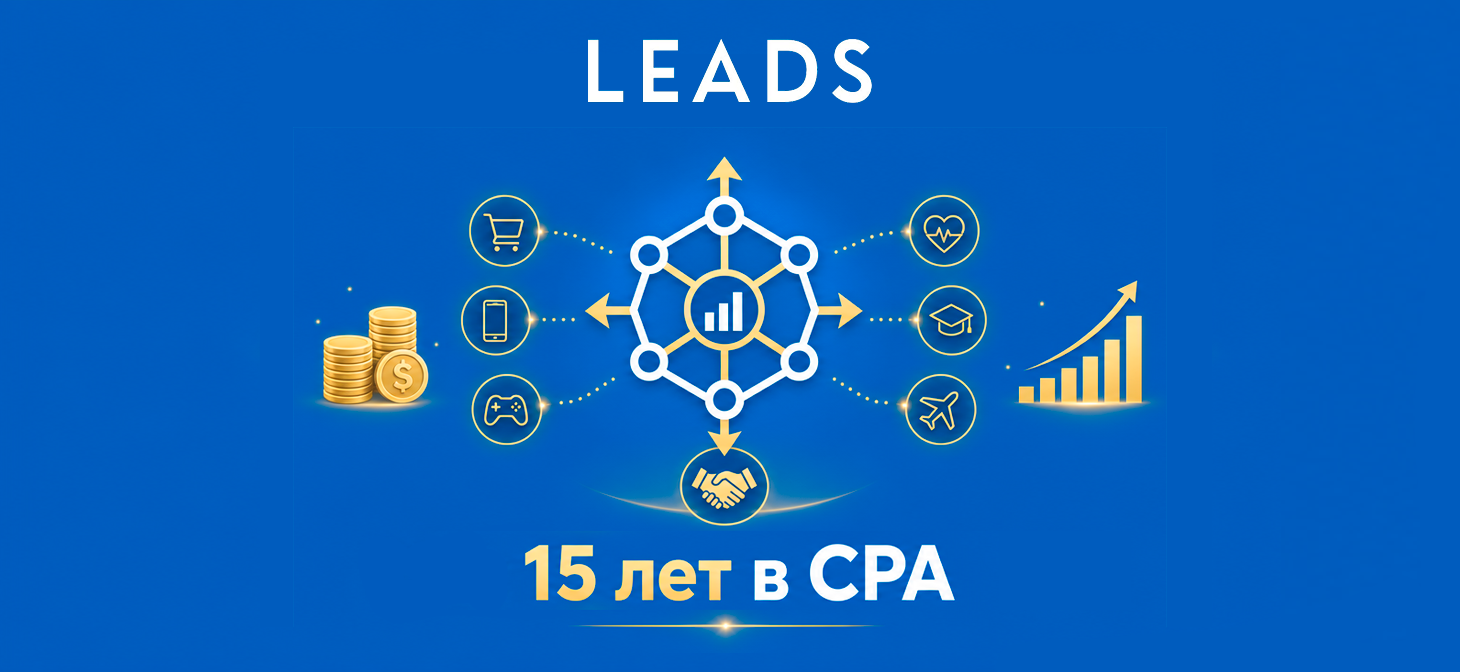 Схема генерации лидов с иконками ниш и надписью 15 лет в CPA партнёрском маркетинге
