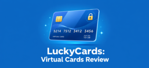 Cover image for article reviewing LuckyCards virtual card service on blue background