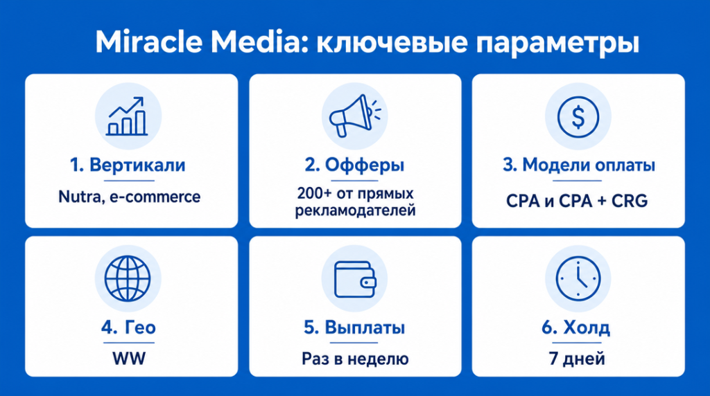 Инфографика ключевых параметров партнерки Miracle Media